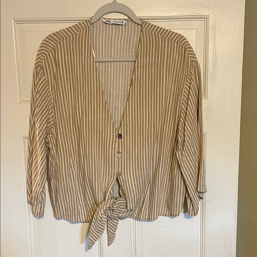 Zara Women's Beige Striped Button-Down Shirt